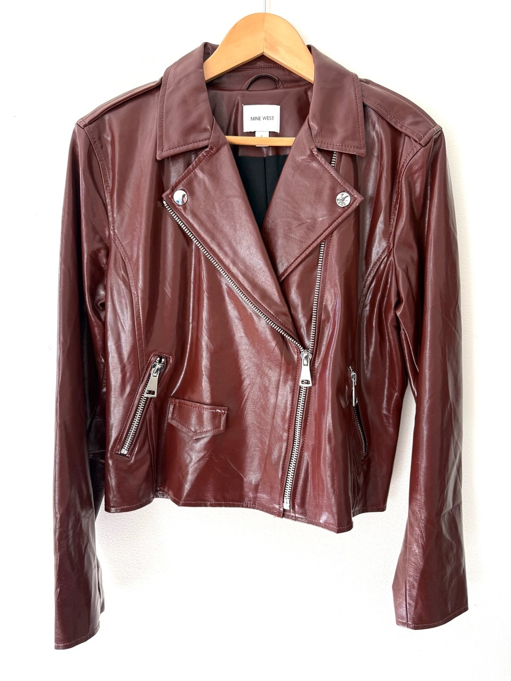 Nine West Burgundy Faux Leather Asymmetrical Moto Biker Jacket Size L Rocknroll